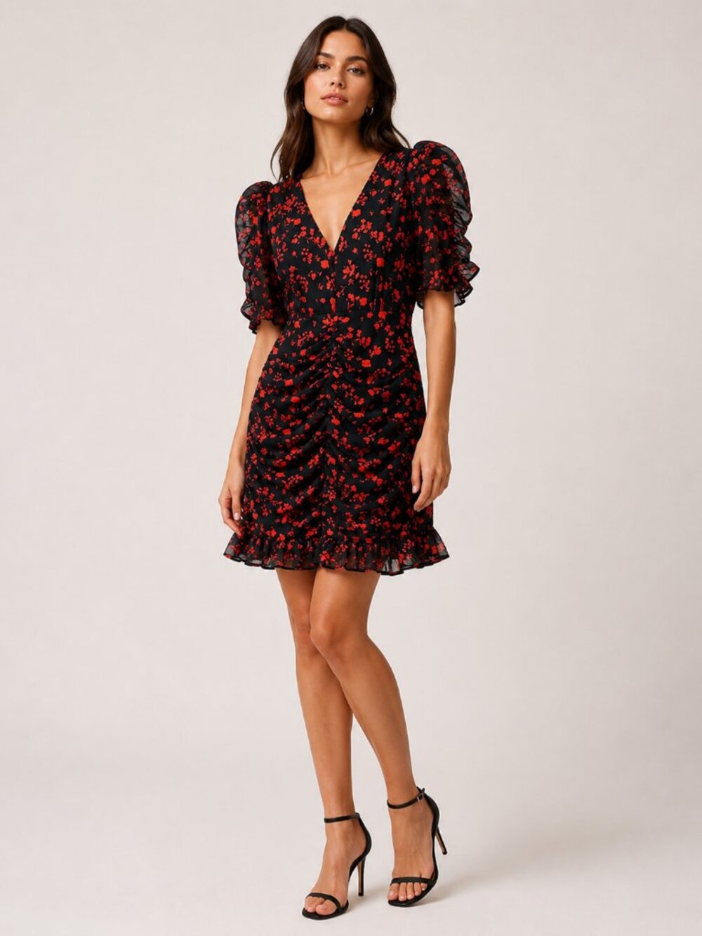 Lipsy London Black Red Floral Ruched Mini Dress US 6
